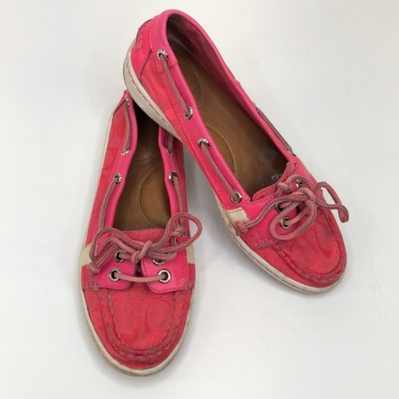 Coach Shoes - Coach Pink Leather Logo Boat Shoes Loafers